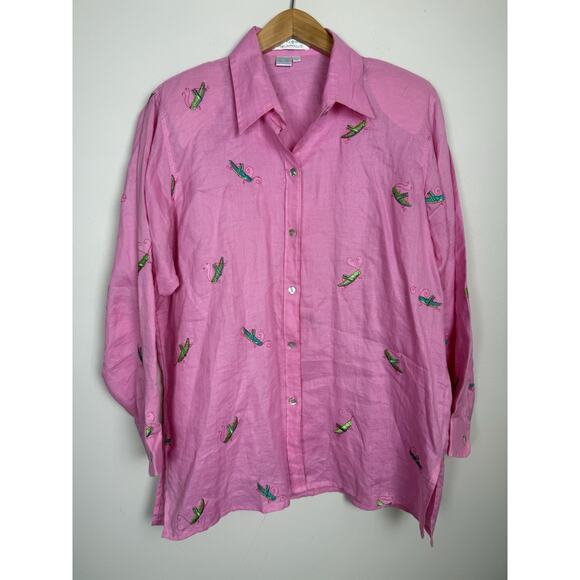 Coleman Tops - Casey Coleman 100% Linen Embroidered Grasshoppers ShirtButton Down Pink Sz XL